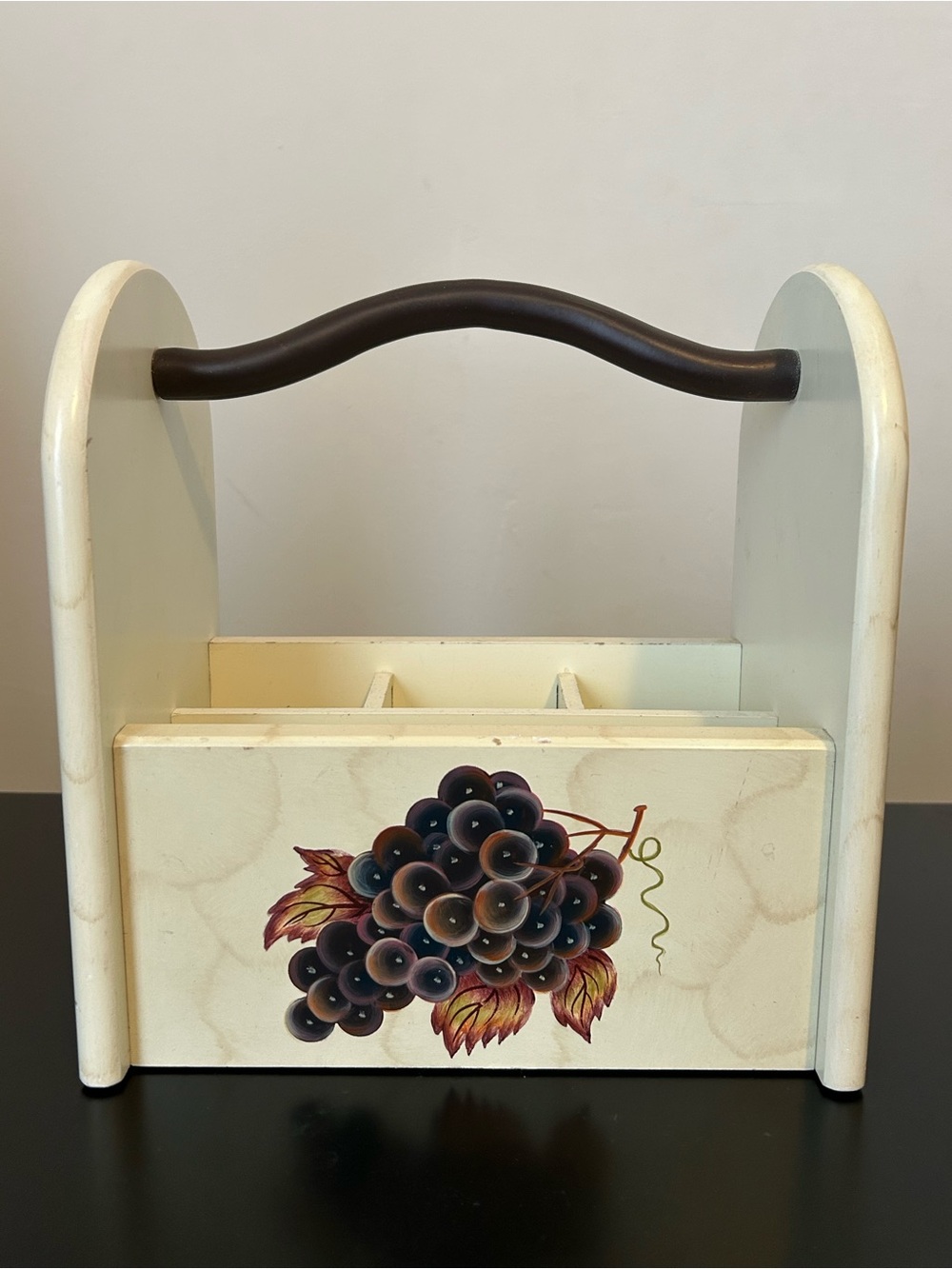 Vintage Decorative Wooden Caddy Kitchen Utensil Storage with Grape Motif